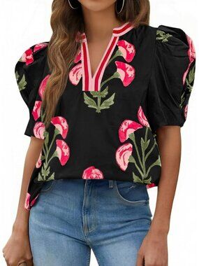 Women's Blouses Casual Black V Neck Color Block Tops Loose Fit Boho Floral